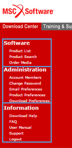 Figure 2: Sections of the Download center